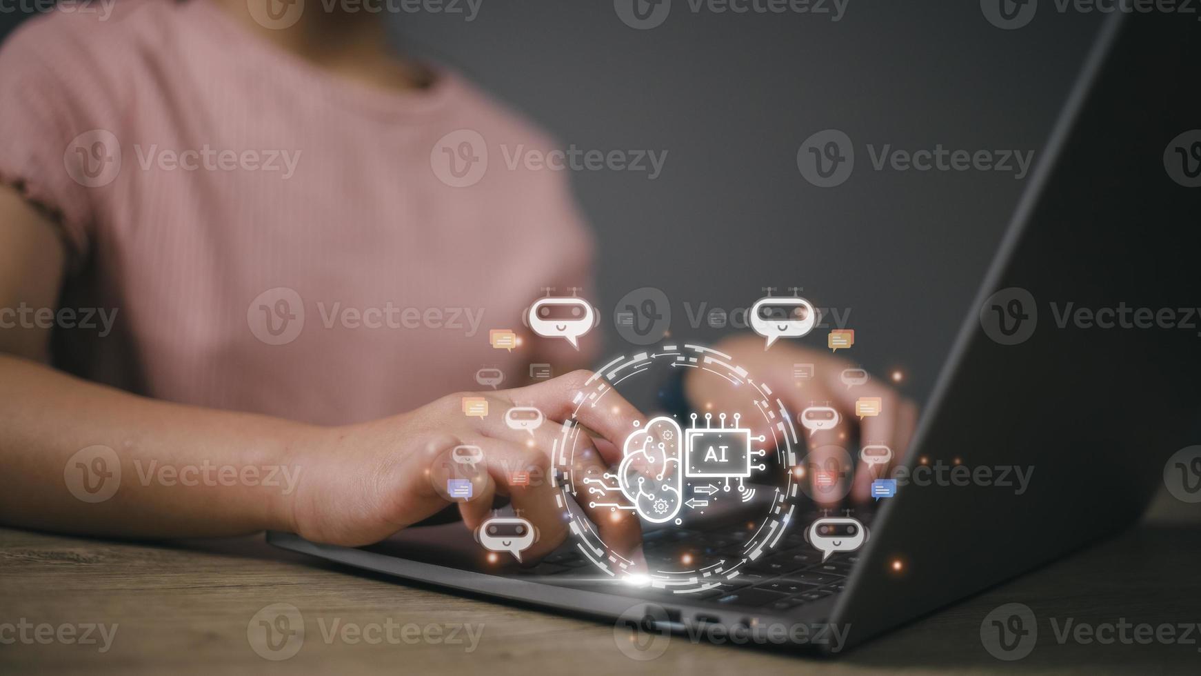 Businesswoman using chatbot in computer smart intelligence Ai. Chat GPT Chat with AI Artificial Intelligence, developed by OpenAI generate. Futuristic technology, robot in online system. photo