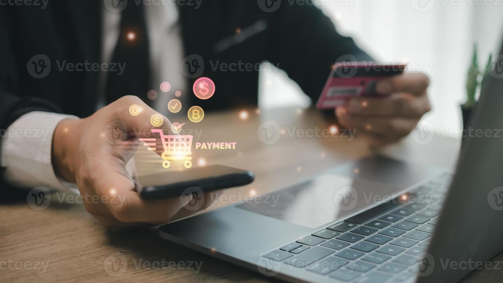 Shopping online payment concept. Man hand using smart phone with cart delivery icon, banking and online shopping via banking mobile app, E-transaction and financial technology. photo