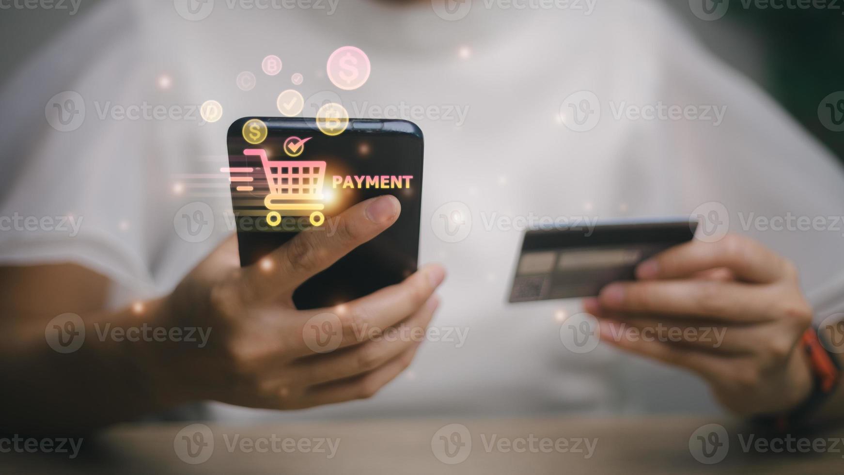 Shopping online payment concept. Woman hand using smart phone with cart delivery icon, banking and online shopping via banking mobile app, E-transaction and financial technology. photo