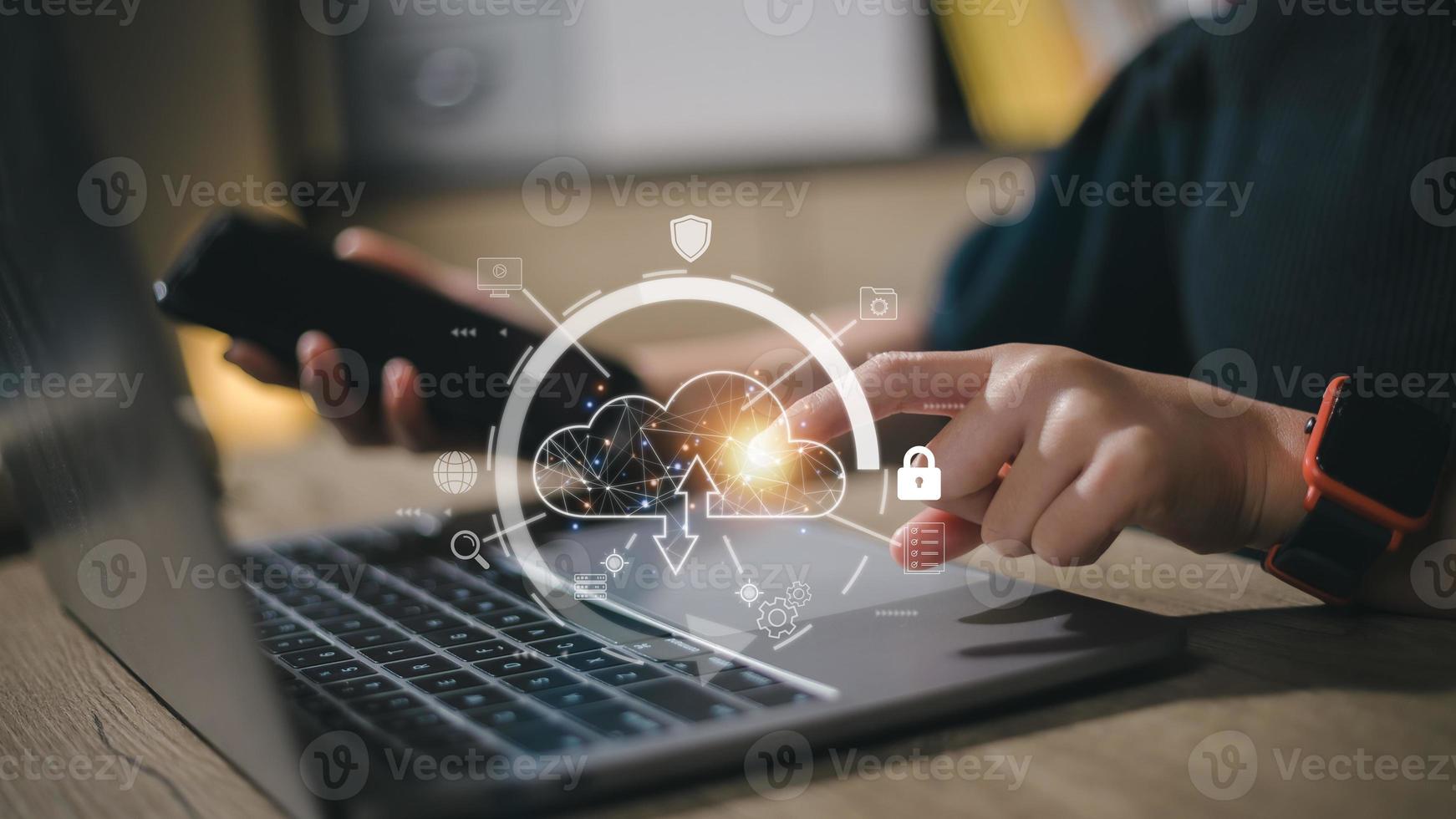Cloud computing downloads and loading data information and upload it to the system network application. Technology transformation concept photo