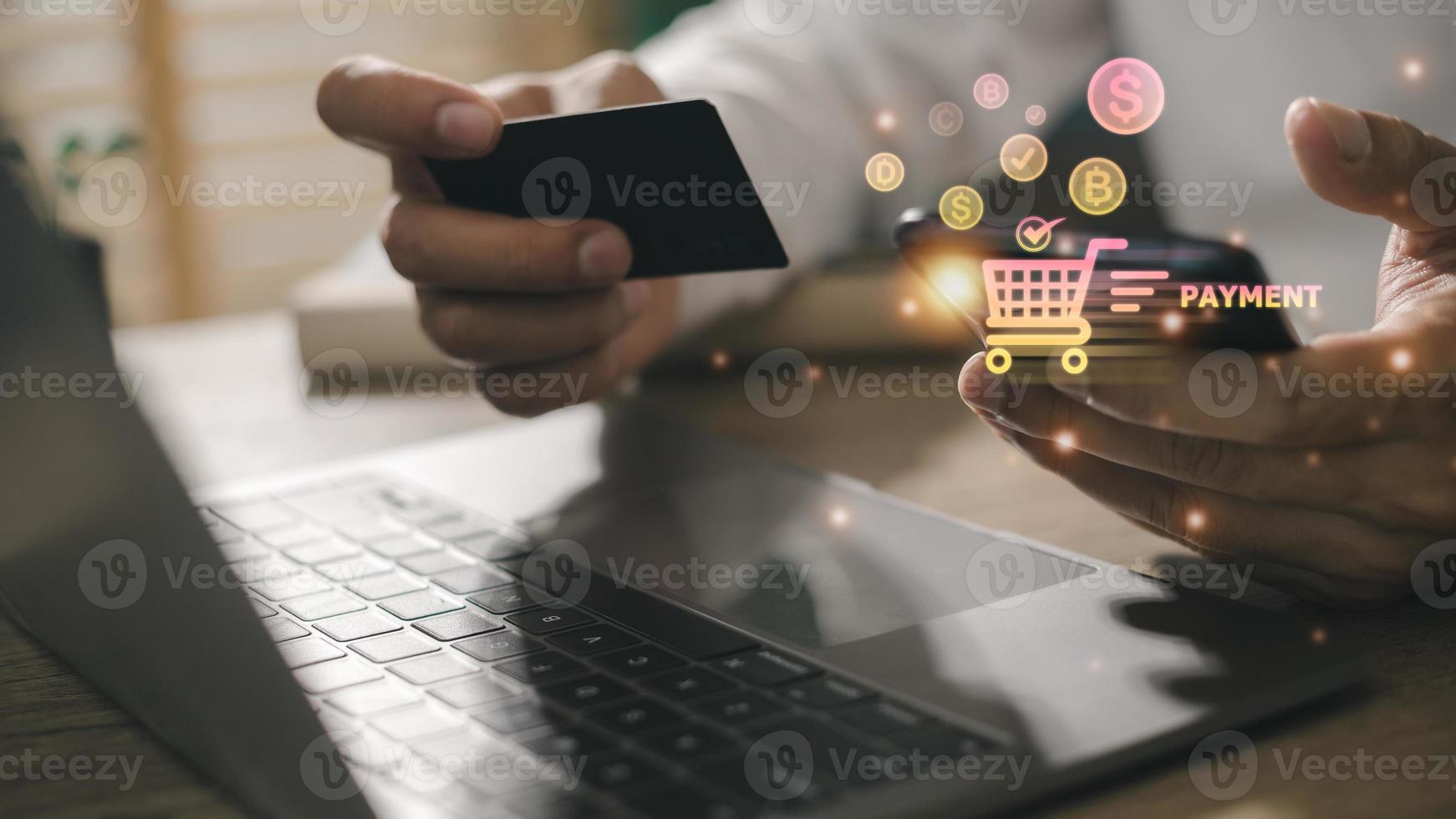 Shopping online payment concept. Man hand using smart phone with cart delivery icon, banking and online shopping via banking mobile app, E-transaction and financial technology. photo