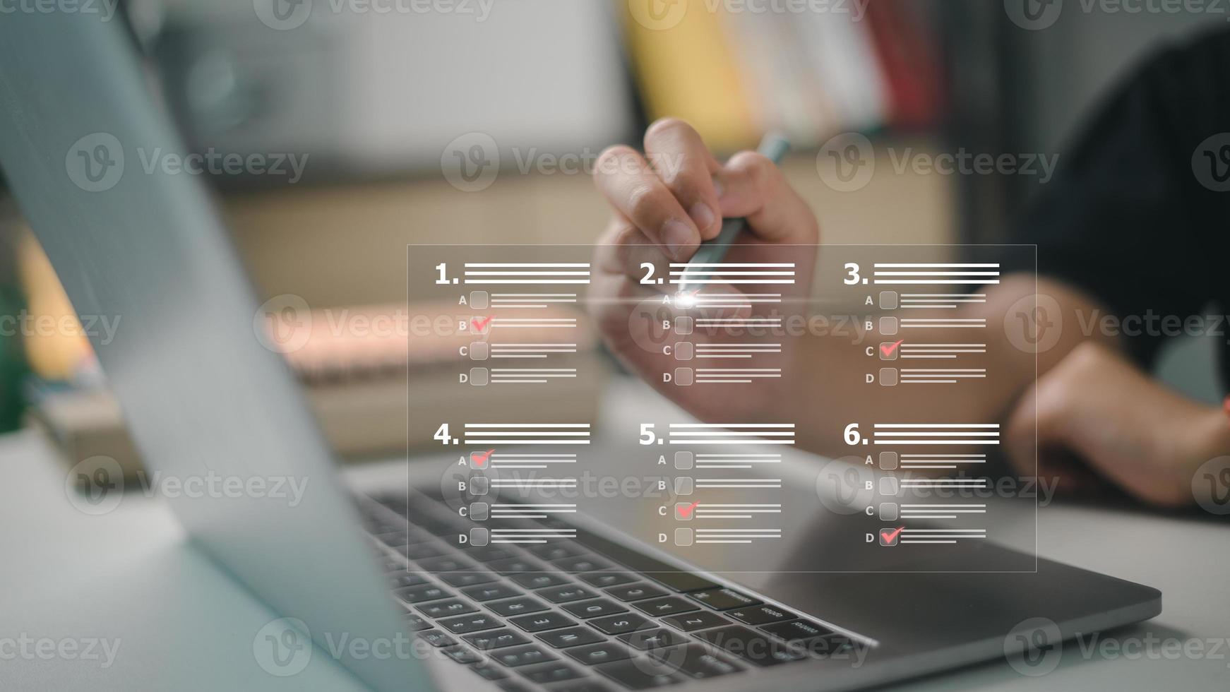 Businesswomen tick mark an assessment, questionnaire, evaluation, online survey online exam choose the right answer in the exam, filling out an online survey form. Answer the test questions concept. photo