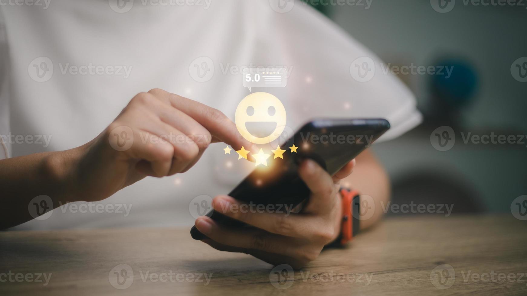 Customer satisfaction concept. Positive emotion happy smile face five star and crown with copy space, feedback, service, survey, standard quality. User give rating to service experience, certification photo