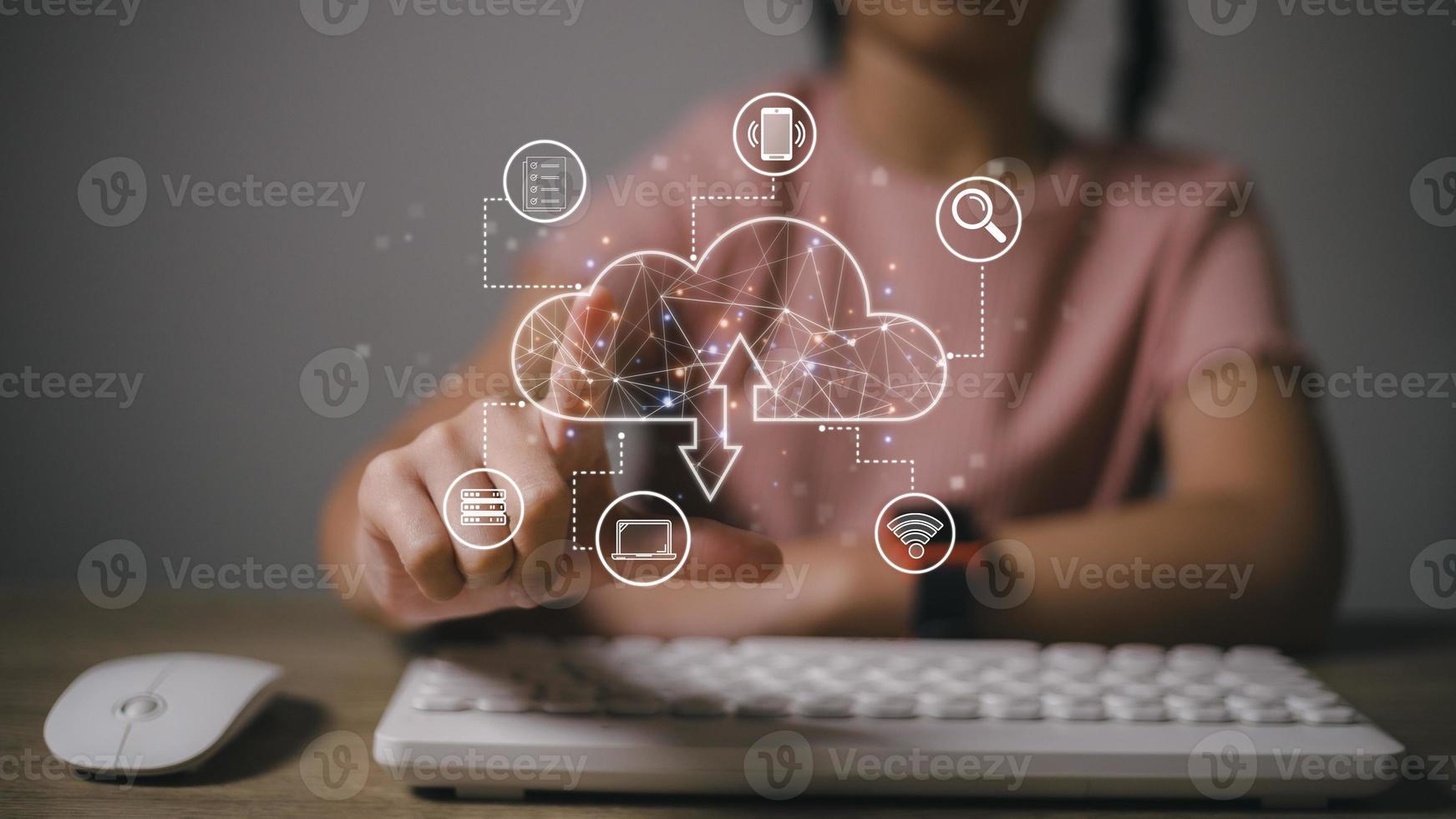Businesswoman hand working with a Cloud Computing diagram on the new computer interface as concept photo