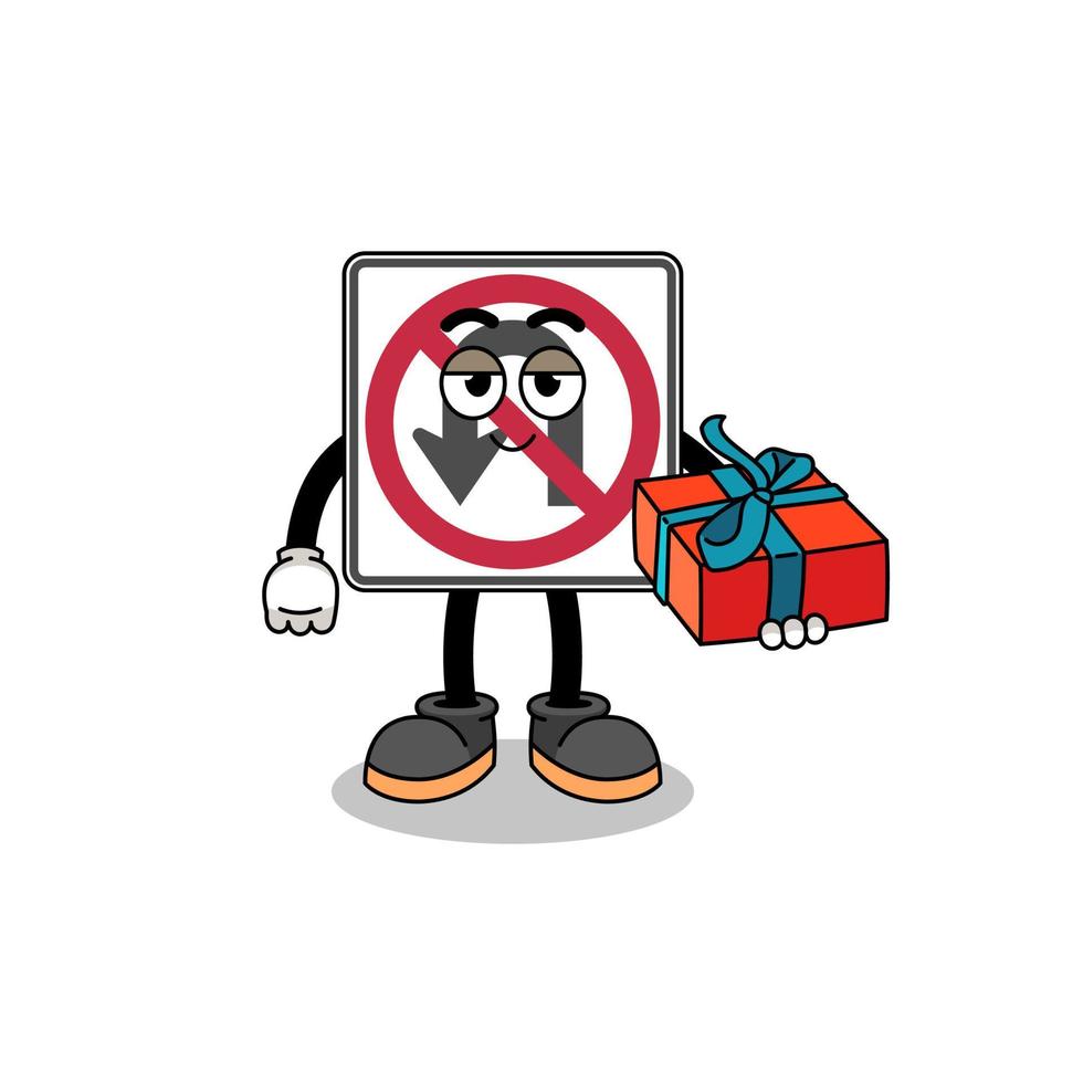 no U turn road sign mascot illustration giving a gift vector