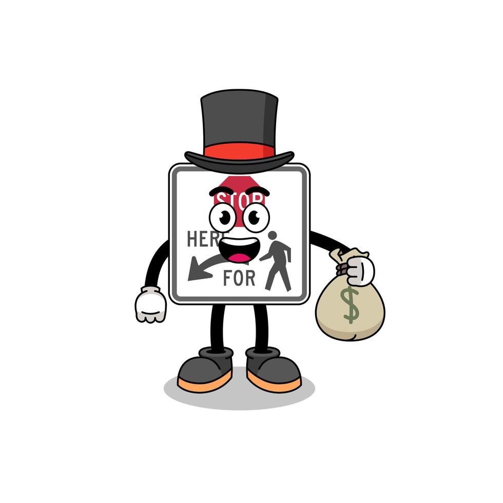 stop here for pedestrians mascot illustration rich man holding a money sack vector