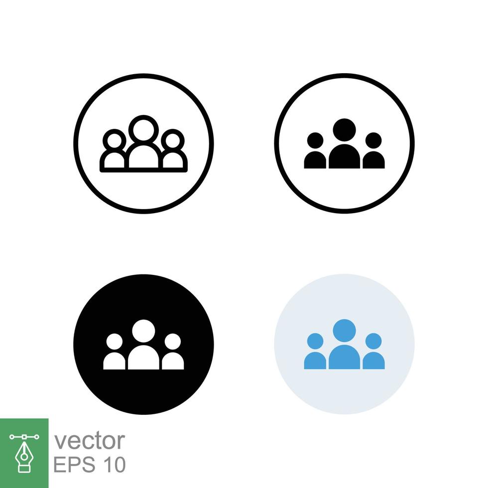 3 people icon in different style. Outline, glyph, solid, and flat style design. Multi user, circle, group, person, service concept. Crowd sign symbol. Vector illustration isolated. EPS 10.