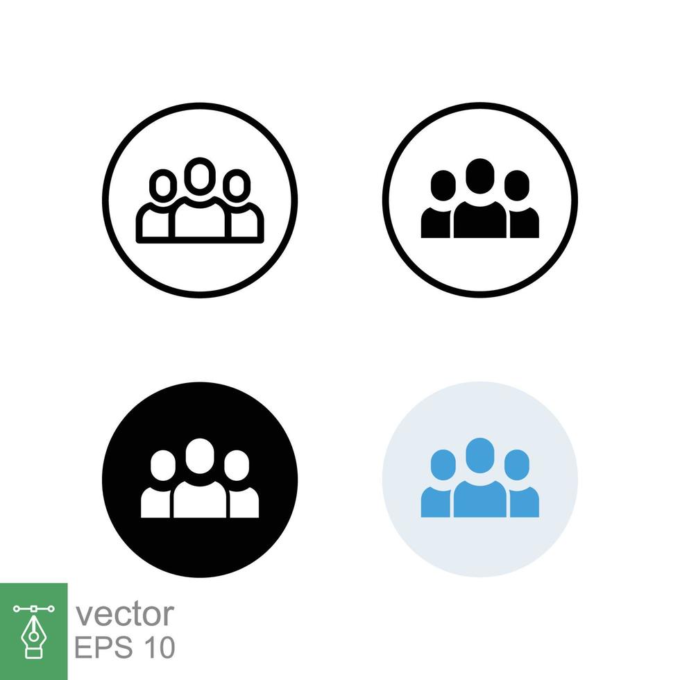 3 people icon in different style. Outline, glyph, solid, and flat style design. Multi user, circle, group, person, service concept. Crowd sign symbol. Vector illustration isolated. EPS 10.