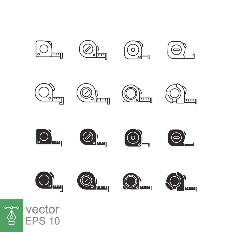 medida cinta línea y glifo icono colocar. sencillo contorno y sólido estilo recopilación. metro, longitud, métrico, Talla concepto para aplicación y web. vector ilustración aislado en blanco antecedentes. eps 10