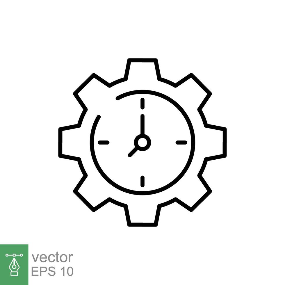 engranaje con hora línea icono. sencillo contorno estilo. rueda dentada reloj marcar, desarrollo proceso logo, 24 horas concepto símbolo diseño. vector ilustración aislado en blanco antecedentes. eps 10