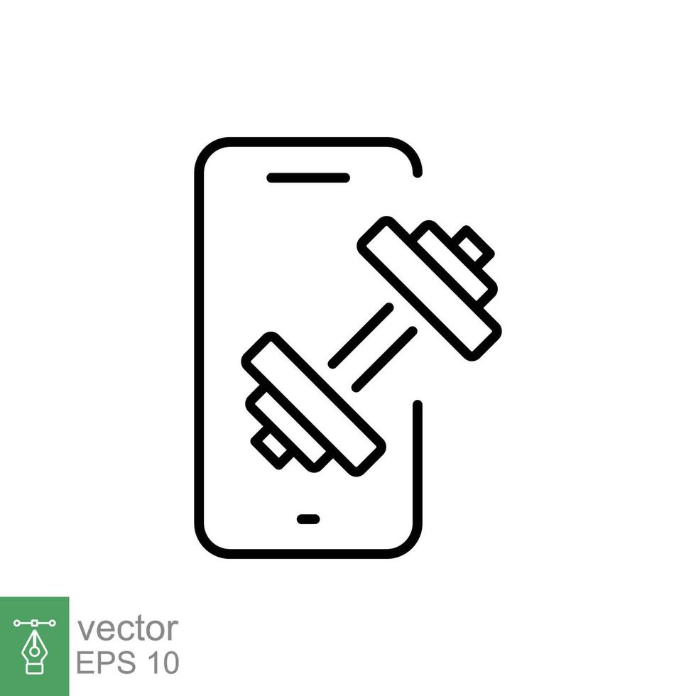 Online fitness line icon. Simple outline style. Mobile trainer, phone with dumbbell, home workout, online training class, sport physical exercise. Vector illustration isolated. EPS 10.