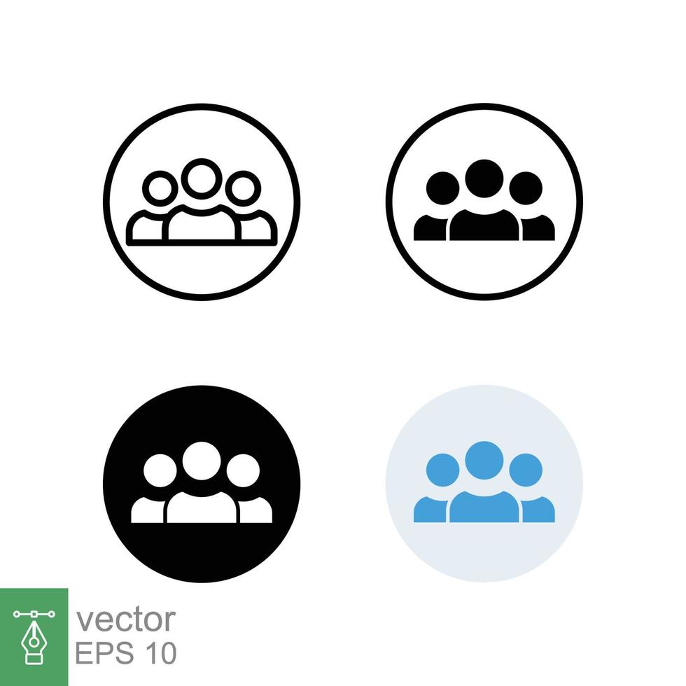 3 people icon in different style. Outline, glyph, solid, and flat style design. Multi user, circle, group, person, service concept. Crowd sign symbol. Vector illustration isolated. EPS 10.