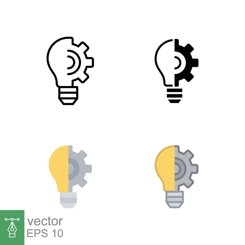 Light bulb icon in different style. Line, solid, flat, filled outline. Idea with gear wheel machine, lightbulb symbol, creative concept. Vector illustration isolated on white background. EPS 10.