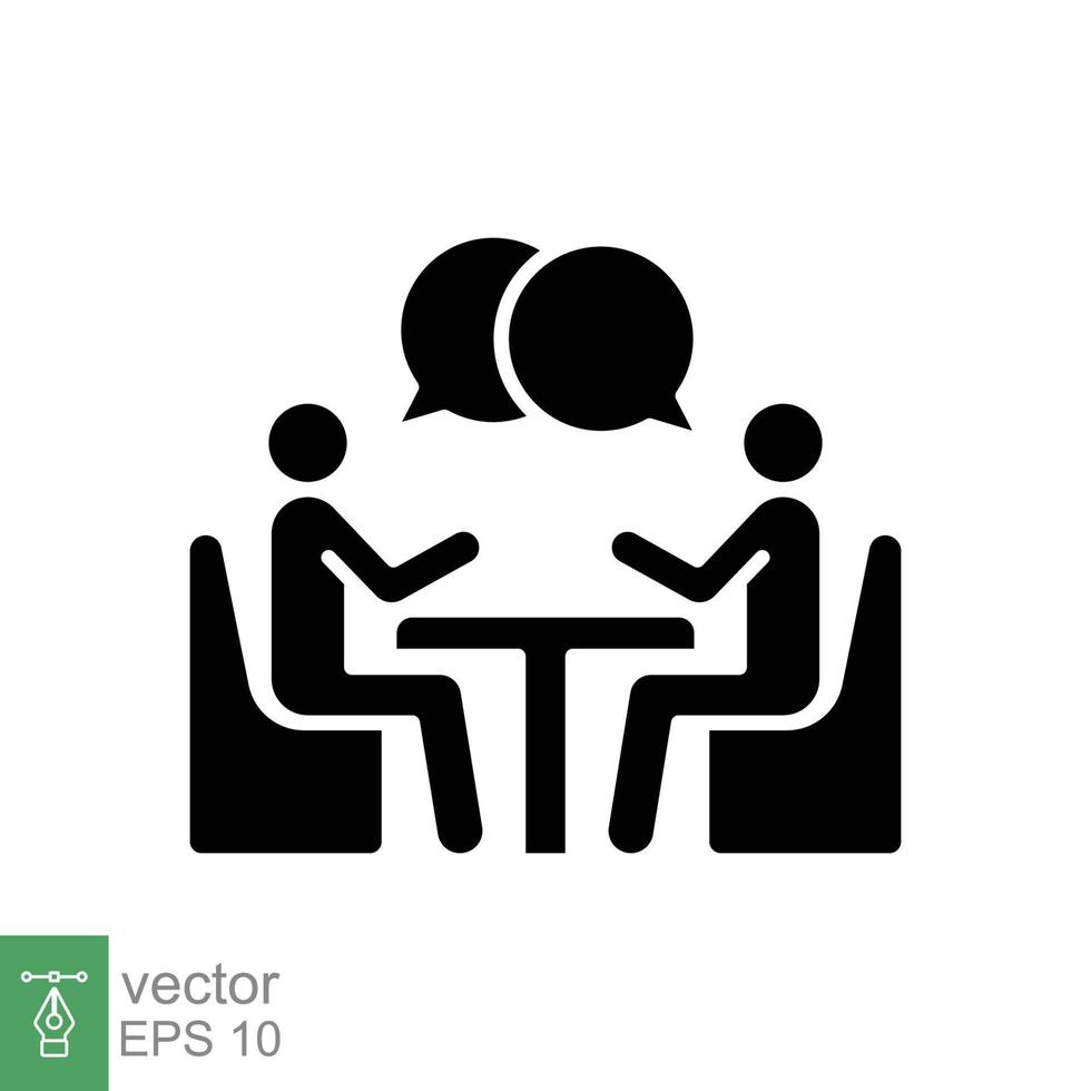Two people at the table glyph icon. Simple solid style. Conversation, office talk, 2 man with bubble speech concept. Vector illustration isolated on white background. EPS 10.