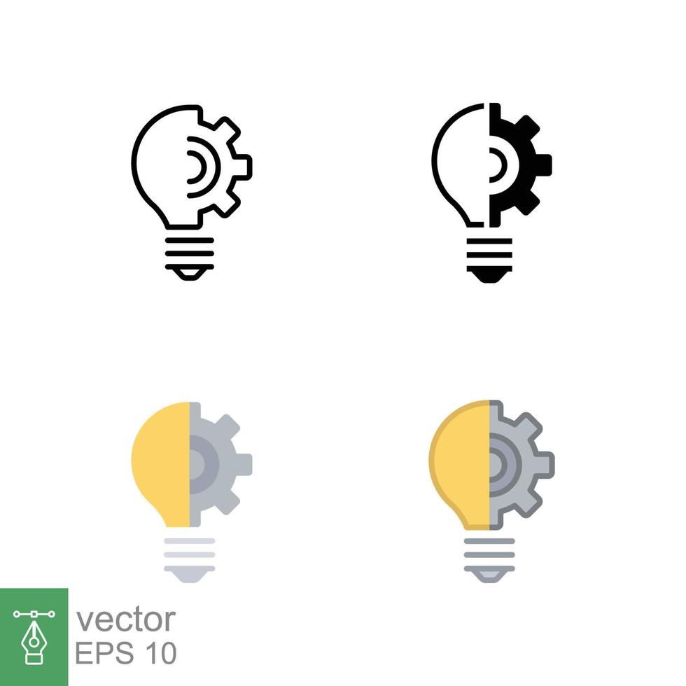 Light bulb icon in different style. Line, solid, flat, filled outline. Idea with gear wheel machine, lightbulb symbol, creative concept. Vector illustration isolated on white background. EPS 10.