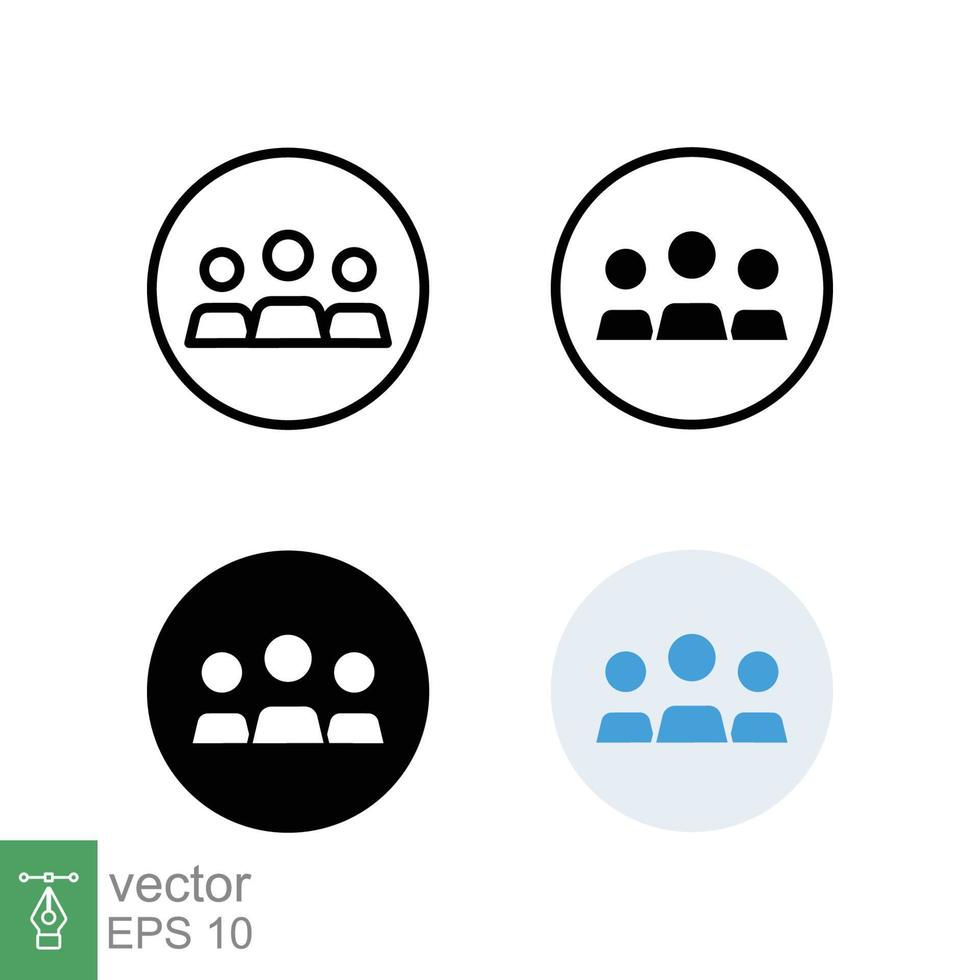 3 people icon in different style. Outline, glyph, solid, and flat style design. Multi user, circle, group, person, service concept. Crowd sign symbol. Vector illustration isolated. EPS 10.