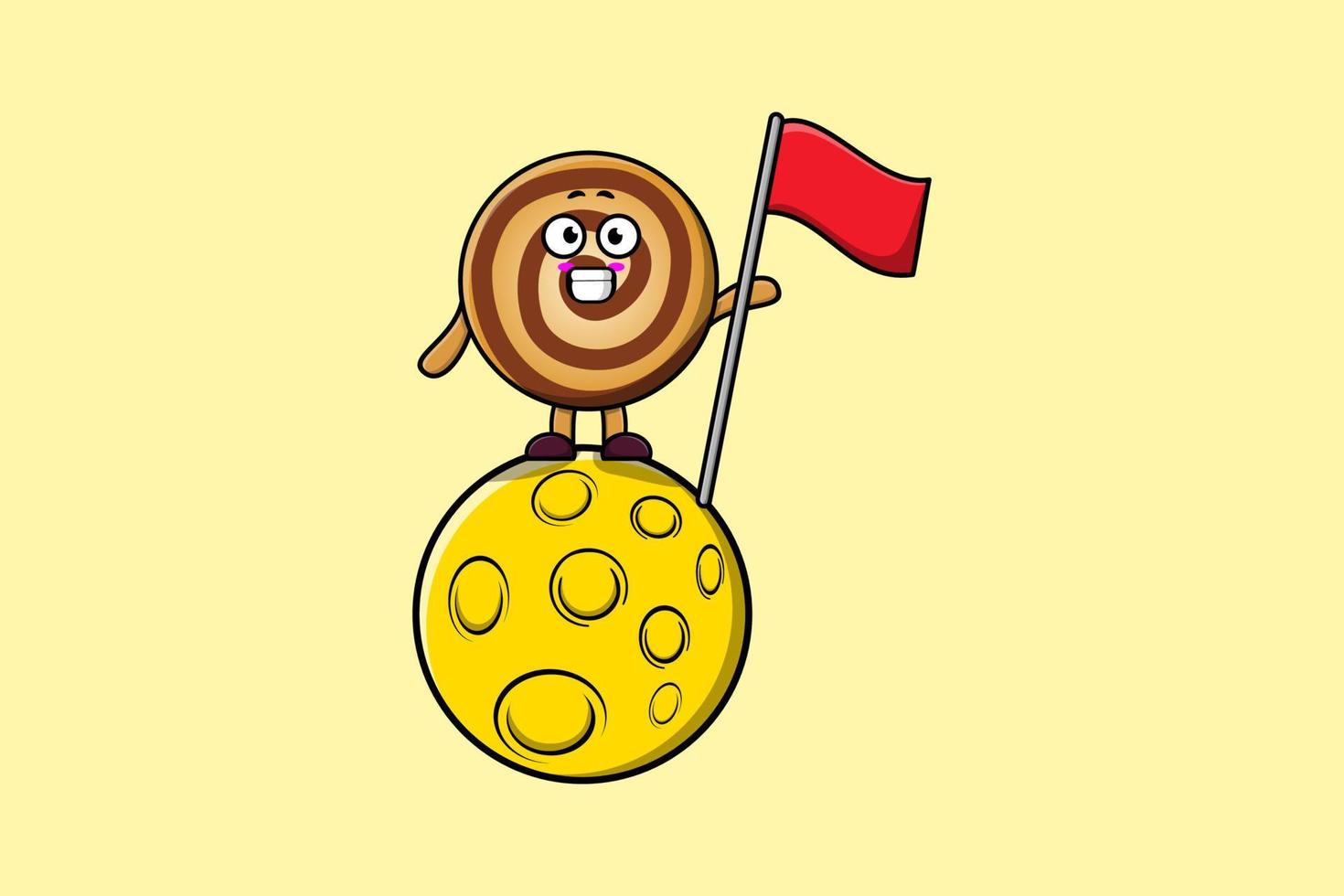 Cute cartoon Cookies standing on moon with flag vector