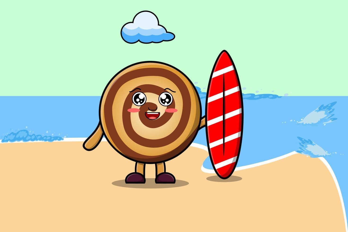 lindo personaje de dibujos animados de galletas jugando al surf vector