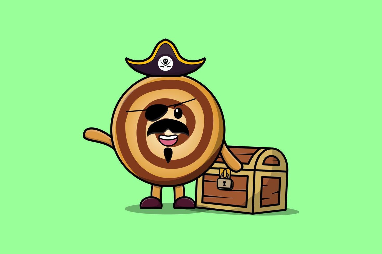 pirata de galletas de dibujos animados lindo con cofre del tesoro vector