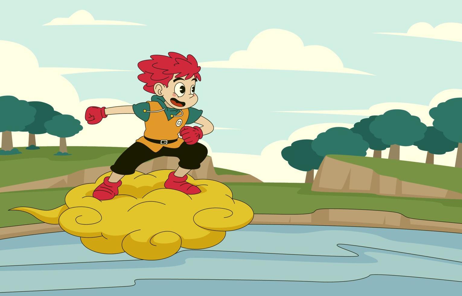 A Brave Kid Riding Yellow Cloud to Find a Magic Balls vector