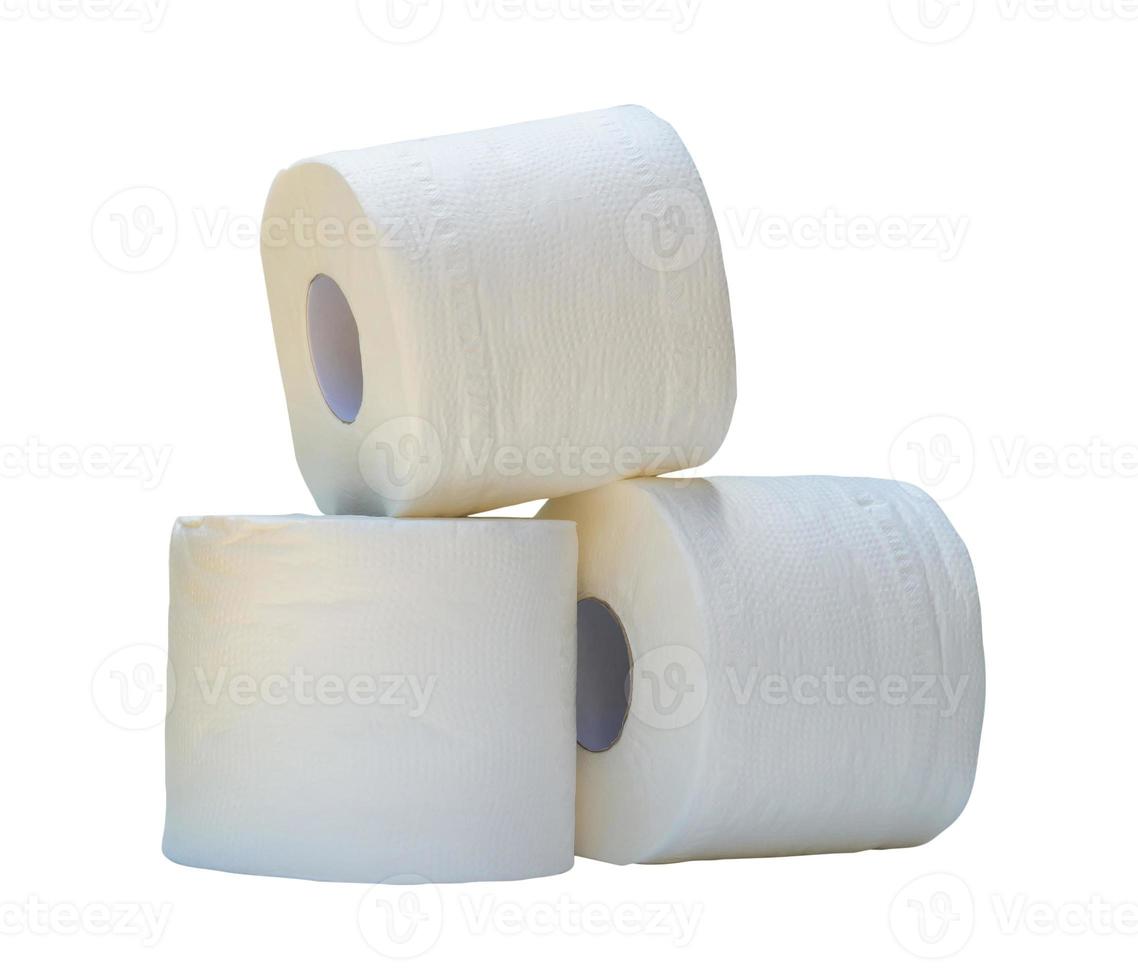 three rolls of white tissue paper or napkin prepared for use in toilet or restroom isolated on white background with clipping path. photo