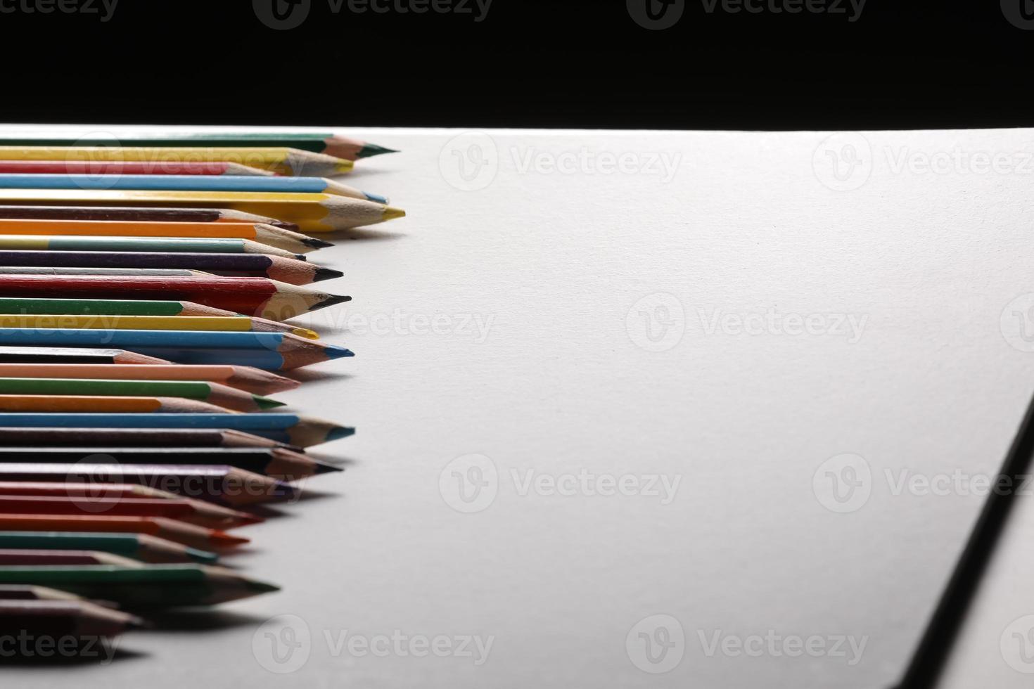 Color pencils set, row wooden color pencils isolated on white background. colored pencils for drawing. copy space photo