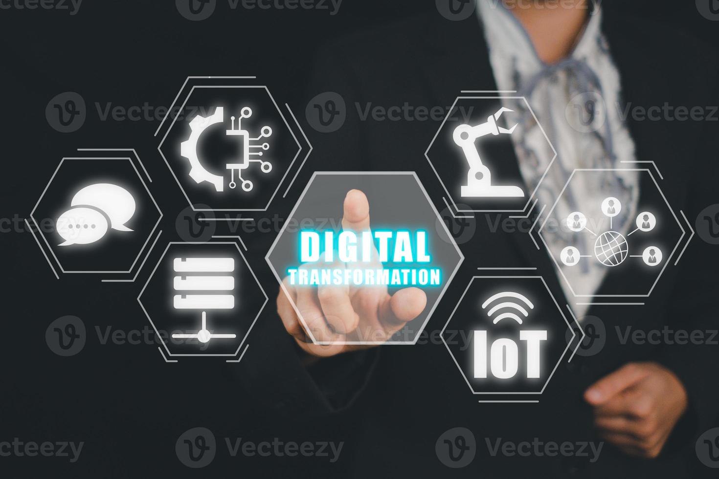 Digital transformation and digitalization technology concept, Young business woman hand touching digital transformation icon on virtual screen. photo