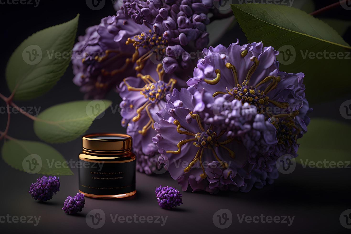 Unique and aromatic oil for body care. Lilac flower products photography photo