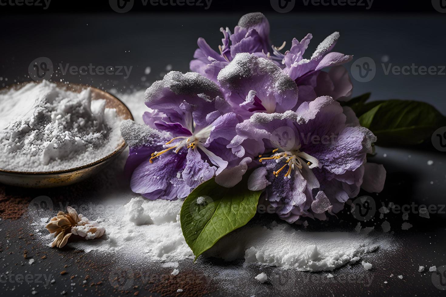 Homemade and tasty fried lilac flower with powdered sugar food photography photo