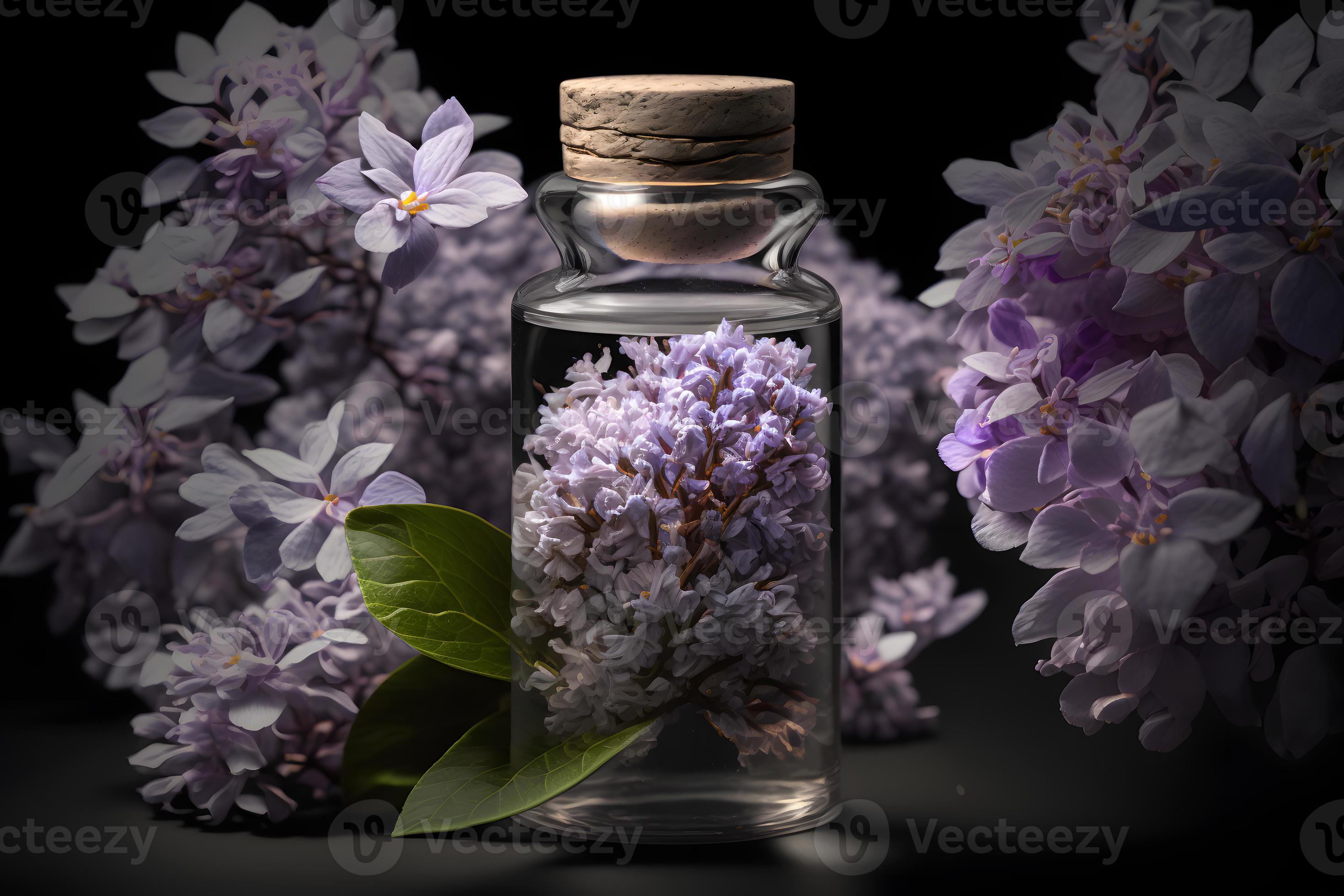 Unique and aromatic lilac fragrance in vial. Blooming lilac scent