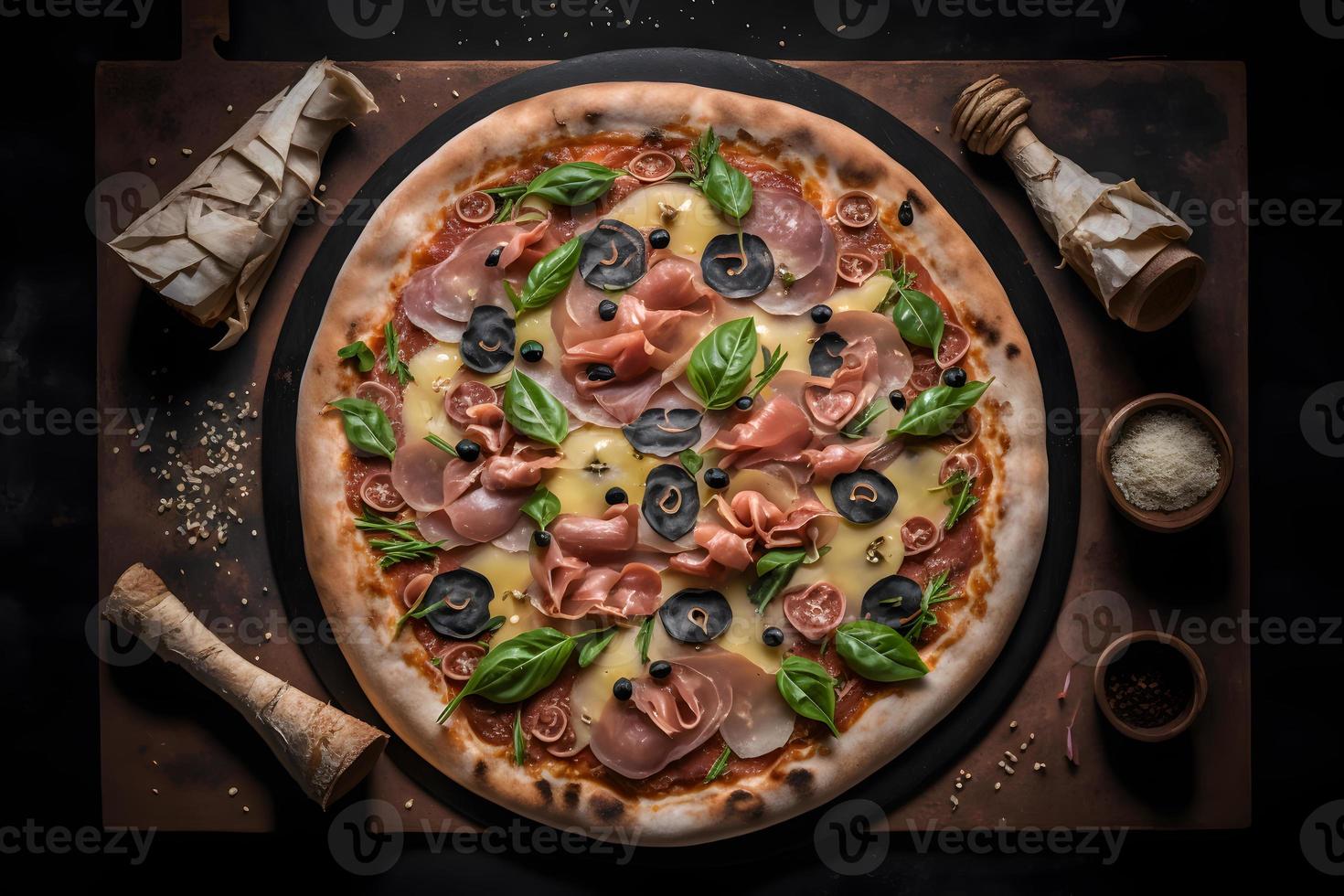 Capricciosa pizza made of ham and mushrooms. Traditional Italian pizza food photography photo