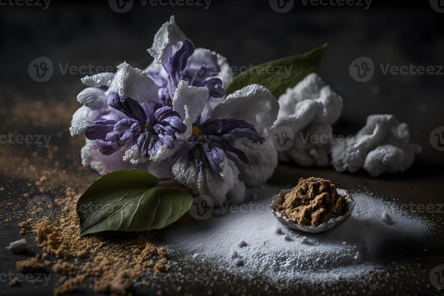 Homemade and tasty fried lilac flower with powdered sugar food photography photo