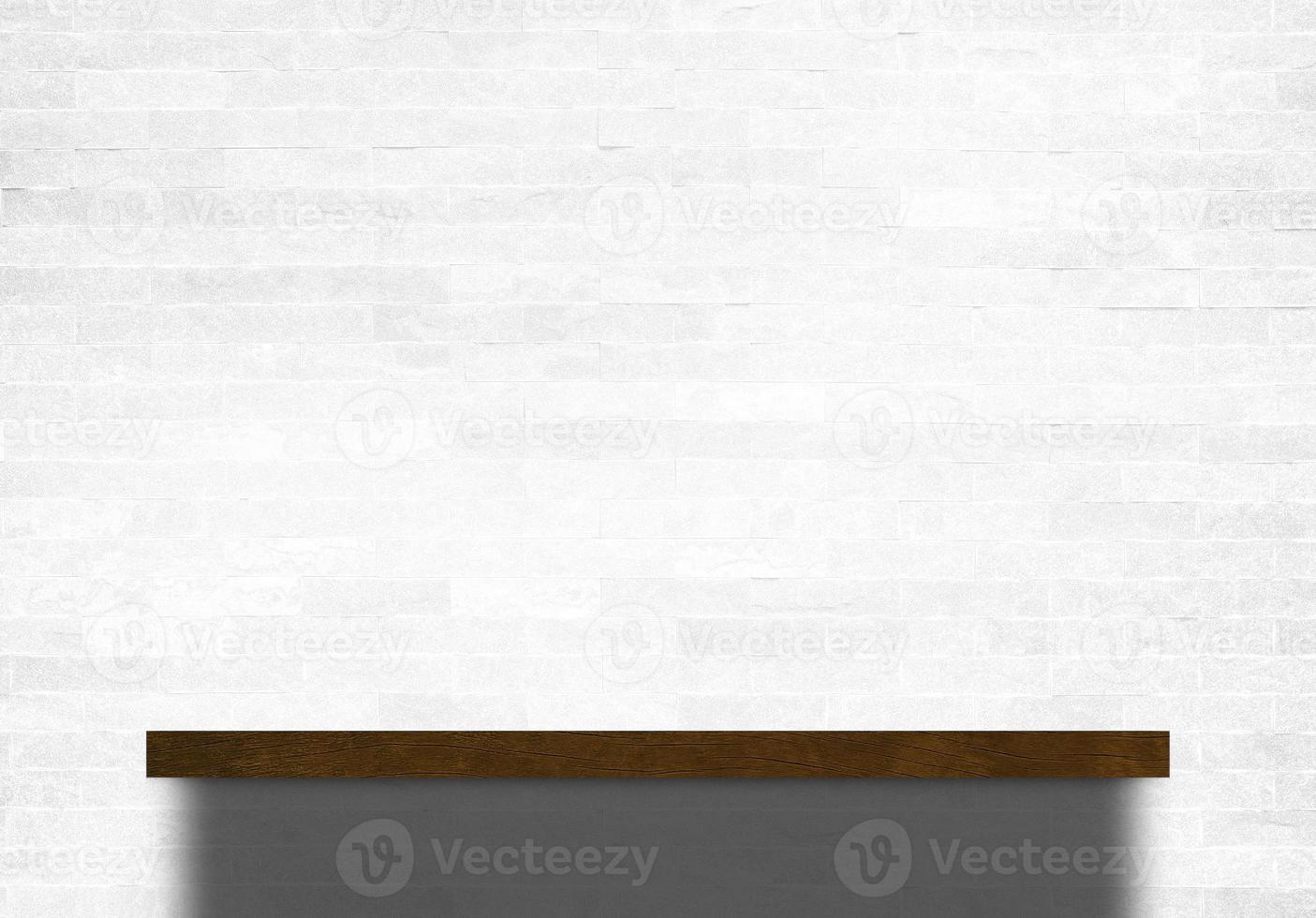 Wooden Bookshelf over White Brick Wall Background, Suitable for Product Presentation Backdrop, Display, and Mock up. photo