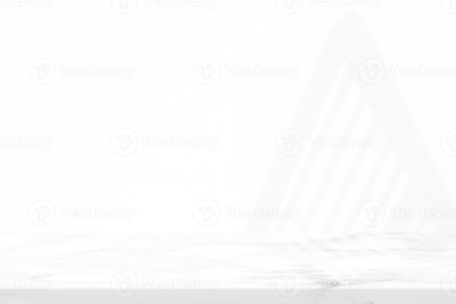 Marble Table with White Stucco Wall Texture Background with Light Beam and Fence Shadow, Suitable for Product Presentation Backdrop, Display, and Mock up. photo