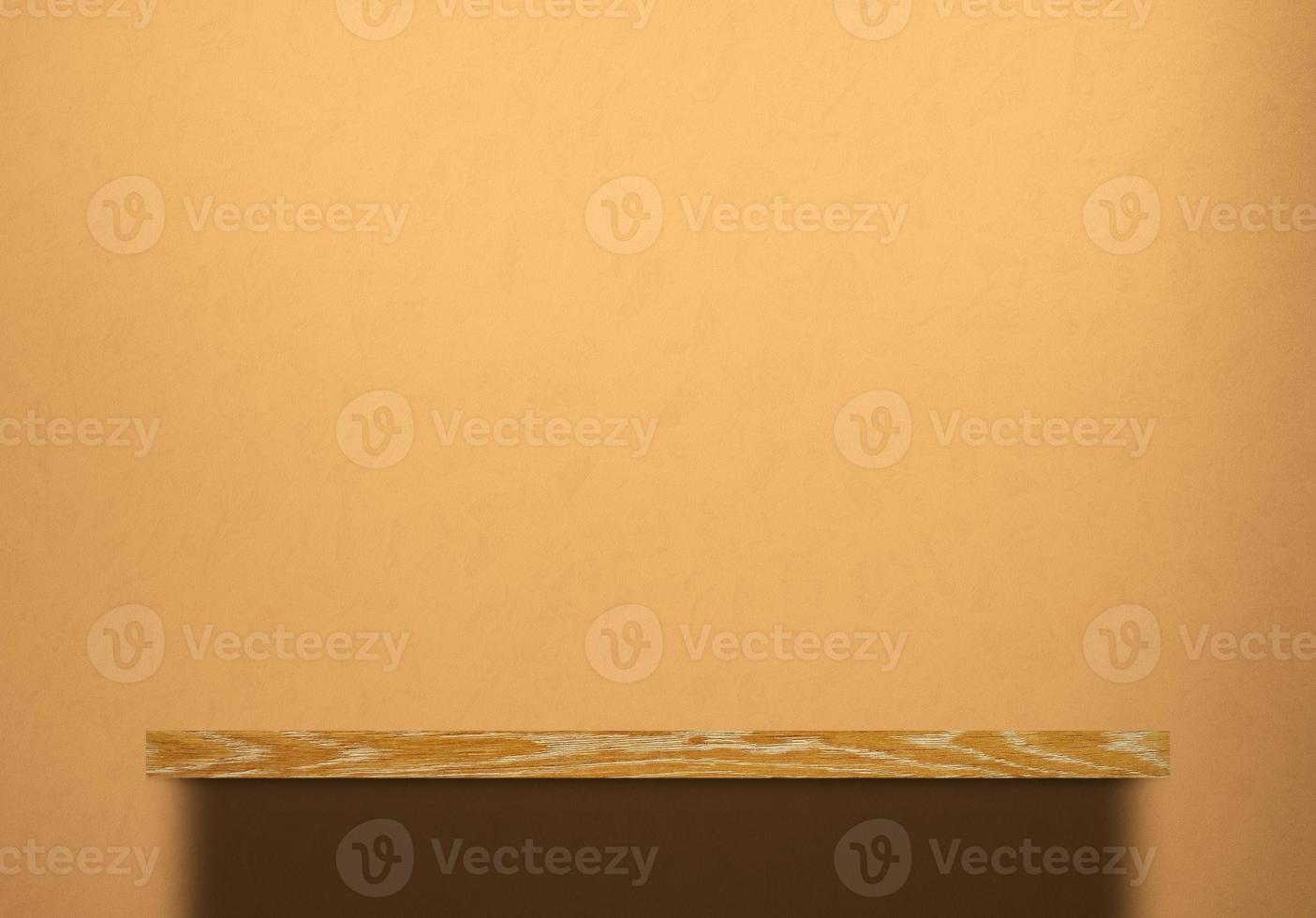 Wooden Bookshelf over Marigold Concrete Wall Background with Spotlight on the Surface, Suitable for Product Presentation Backdrop, Display, and Mock up. photo