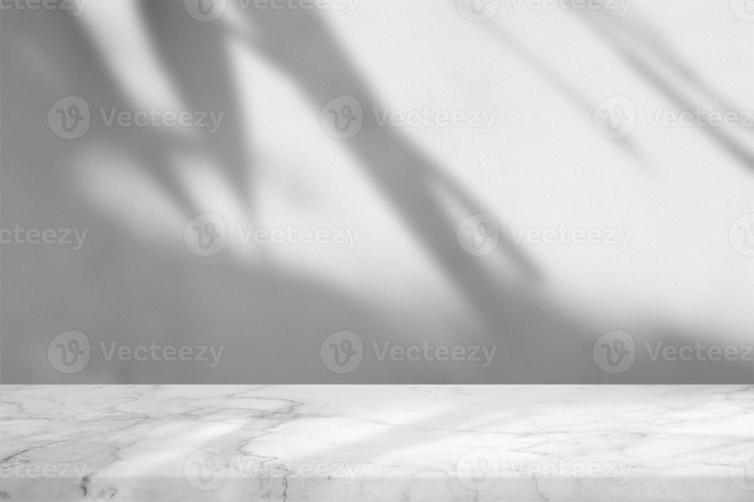 White Marble Table with Grass Leaves Shadow on Concrete Wall Texture Background, Suitable for Product Presentation Backdrop, Display, and Mock up. photo