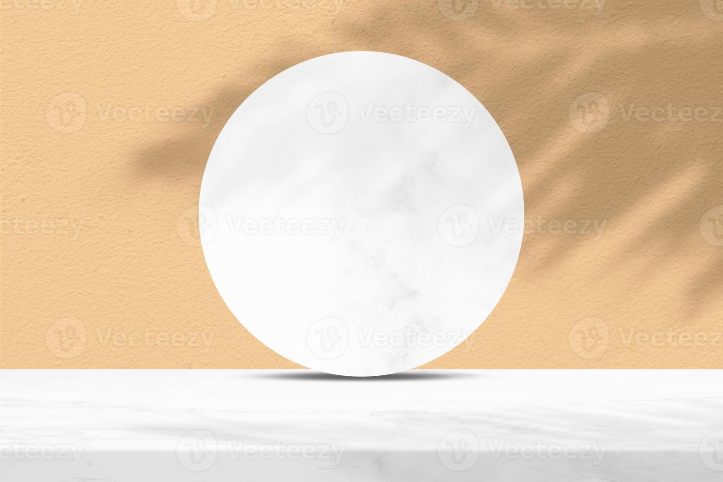 White Marble Table and Circle Marble Partition with Coconut Leaf Shadow on Brown Concrete Wall Texture Background, Suitable for Cosmetic Product Presentation Backdrop, Display, and Mock up. photo