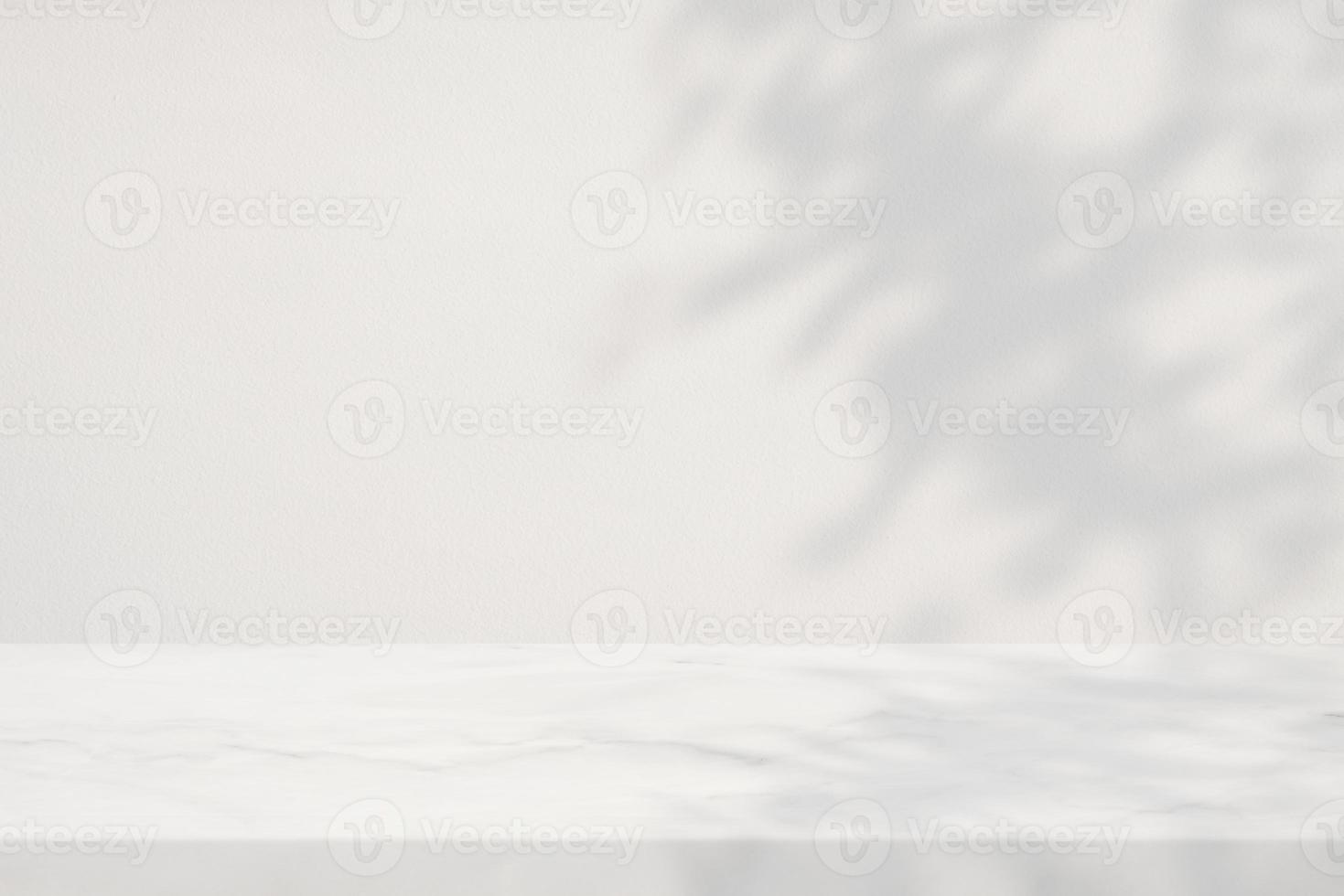 White Marble Table with Tree Shadow on Concrete Wall Texture Background, Suitable for Product Presentation Backdrop, Display, and Mock up. photo