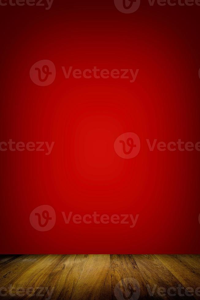 Wooden Table and Red Vertical Gradient Background, Suitable for High Shape Product Presentation Such as Beer, Wine, and Beverage Bottle, Mockup and Background. photo