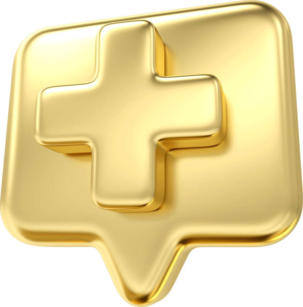 Gold plus with bubble sign icon. Cartoon icon of first aid and health care add minimal style. Medical drugs plus 3d symbol of emergency help. png