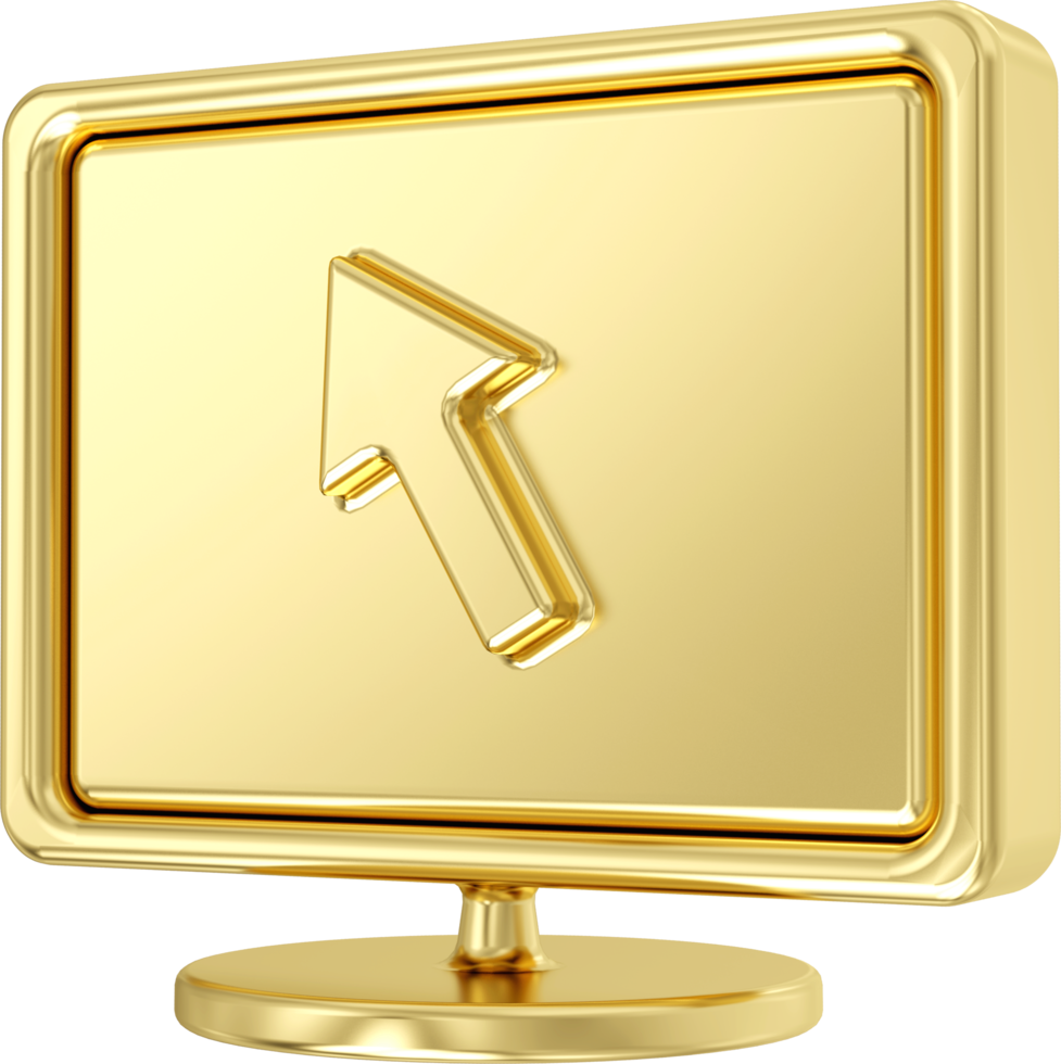 Gold metal square screen icon. 3d gold computer screen with cursor mouse, 3d rendering png