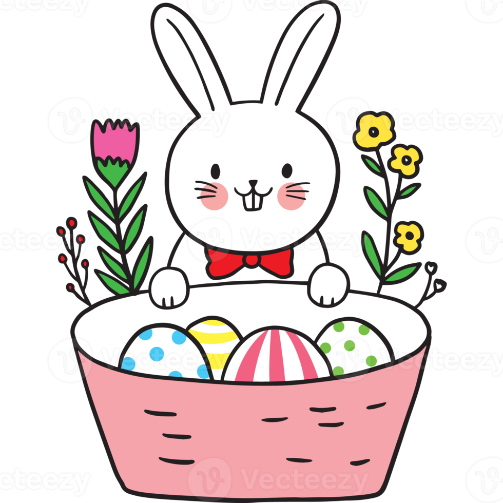 Easter day cartoon cute character white rabbit and egg clipart. png