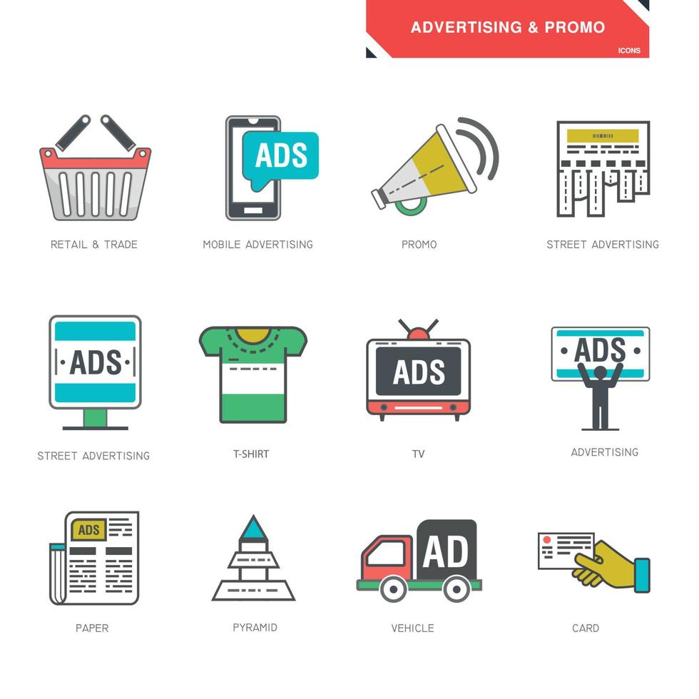 línea íconos de publicidad márketing producto promoción vector ilustración