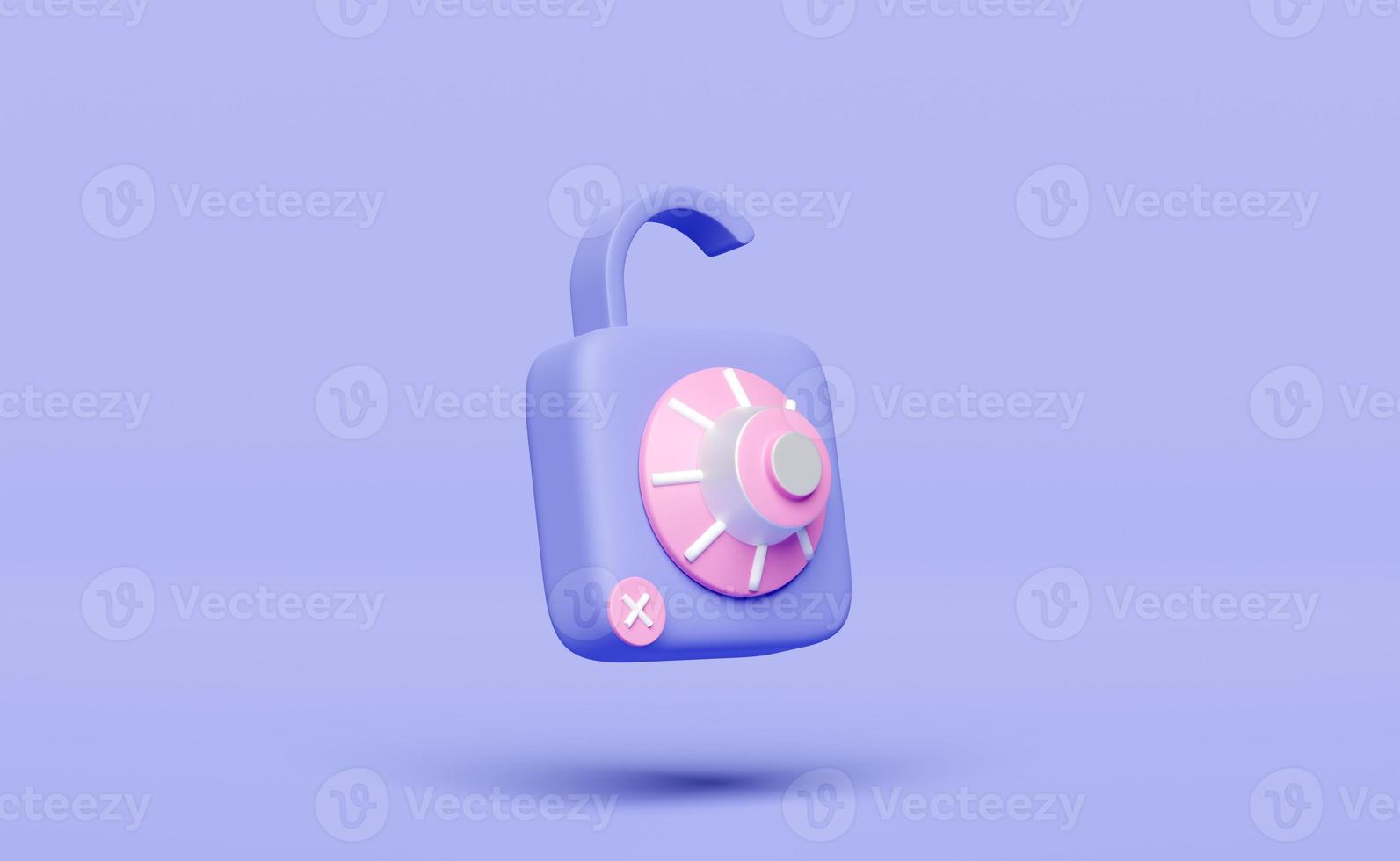 unlocked padlock icon with password insecure isolated on purple background. security data protection, minimal concept, 3d illustration or 3d render photo