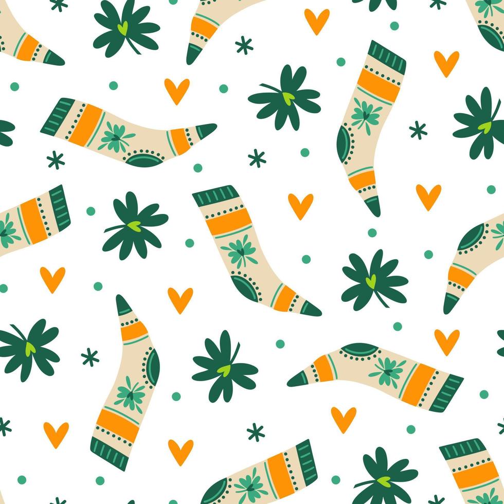 St. Patrick's Day seamless vector pattern. Festive socks, clover leaves and hearts for good luck. Irish holiday symbols. Quatrefoil, trefoil for fortune. Flat background for wallpapers, cards, prints