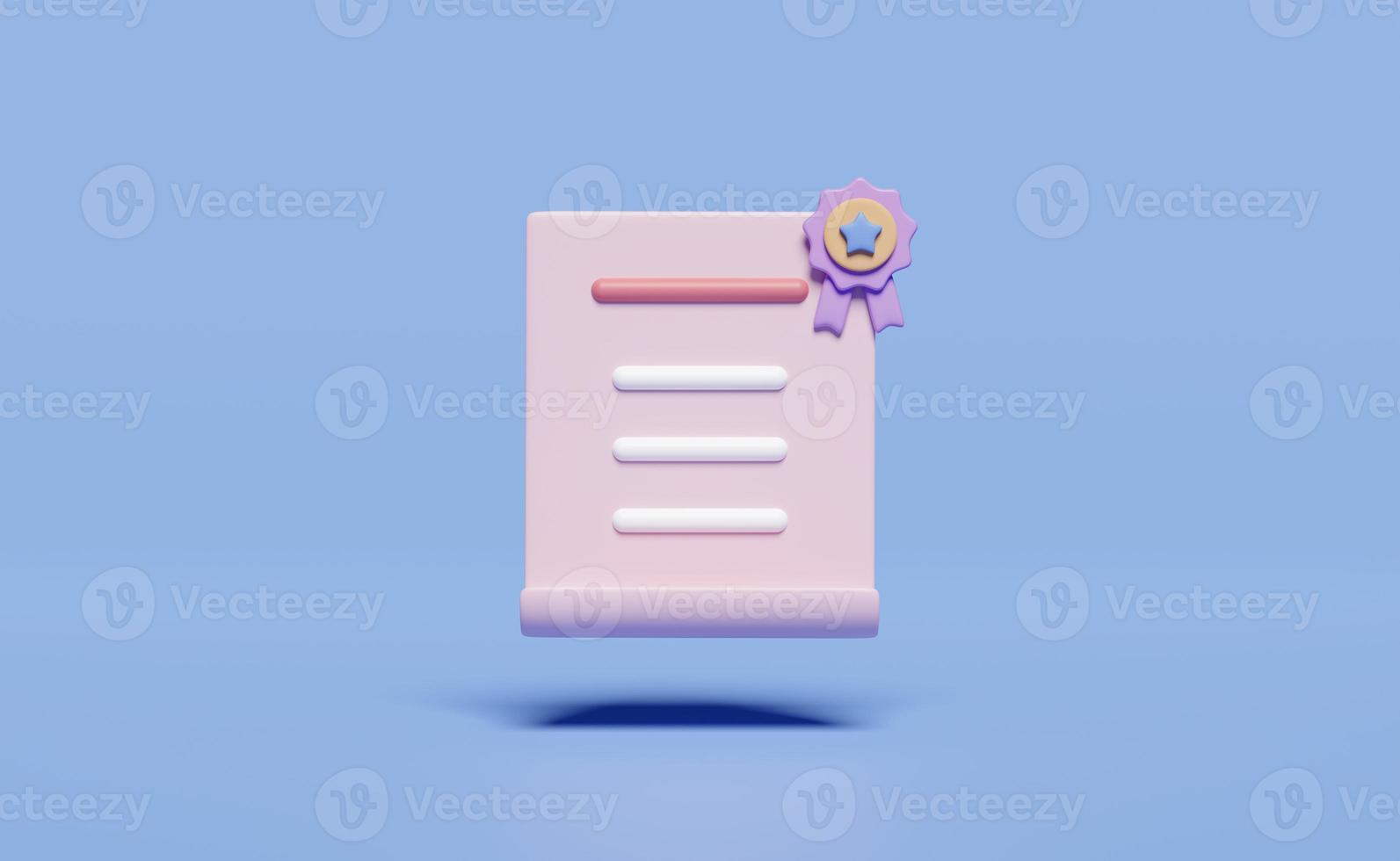 3d certificate icon with quality guarantee ribbon and star for award, diploma, achievement, grant, isolated on blue background. achieve goals, success concept, 3d render illustration photo