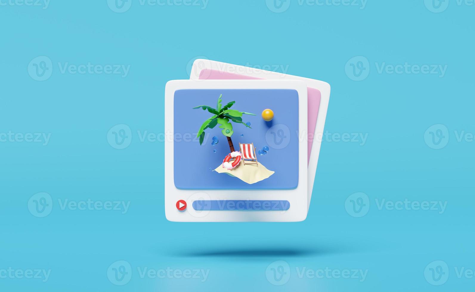 3D social media or communication online platform with lifebuoy, water splash, palm tree, play icons, photo frame isolated on blue background. summer travel concept, 3d render illustration