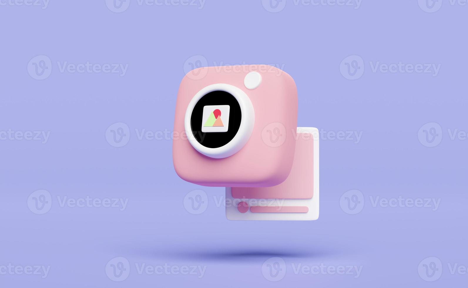 3d pink photo camera icon isolated on purple background. minimal concept, 3d illustration or 3d render