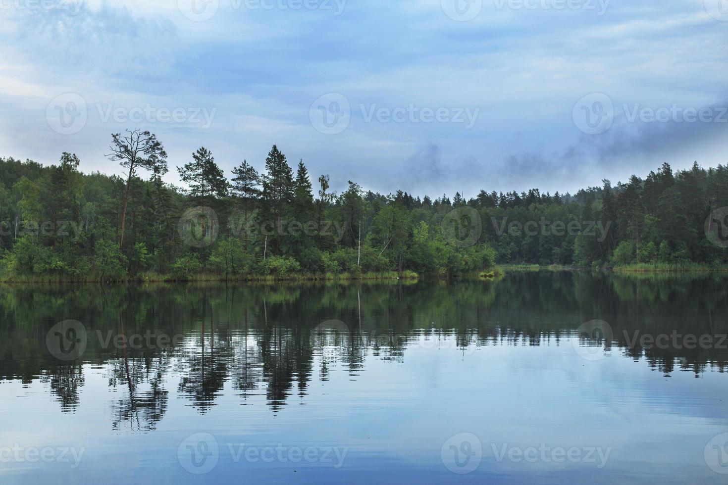forest around the lake. reflection of trees in water. blue lakes on Naroch photo