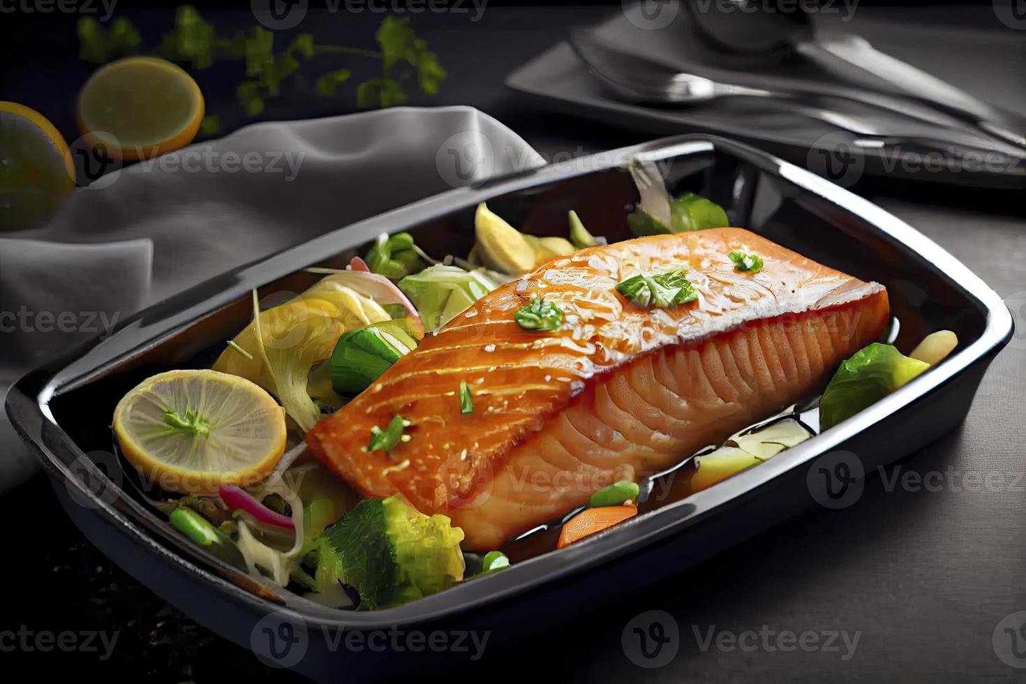 Baked or fried salmon and salad, Paleo, keto, fodmap, dash diet. Mediterranean food with steamed fish photo